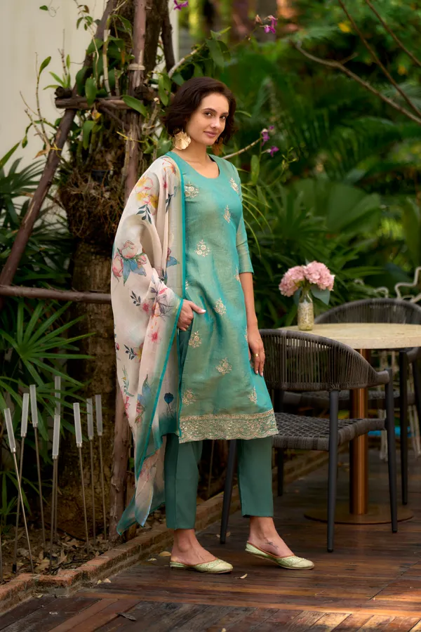 Teal_Viscose_Kurta,_Pant_&_Dupatta_Set_For_Women_&_Girls