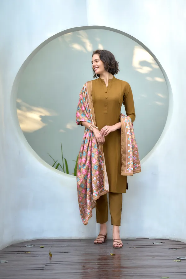 Coffee_Viscose_Kurta,_Pant_&_Dupatta_Set_For_Women_&_Girls