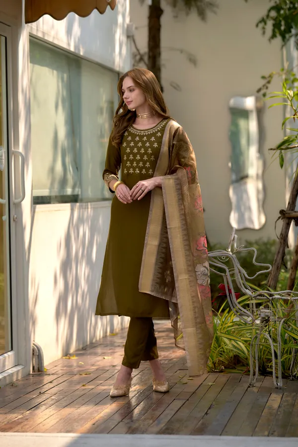 Brown_Viscose_Kurta,_Pant_&_Dupatta_Set_For_Women_&_Girls