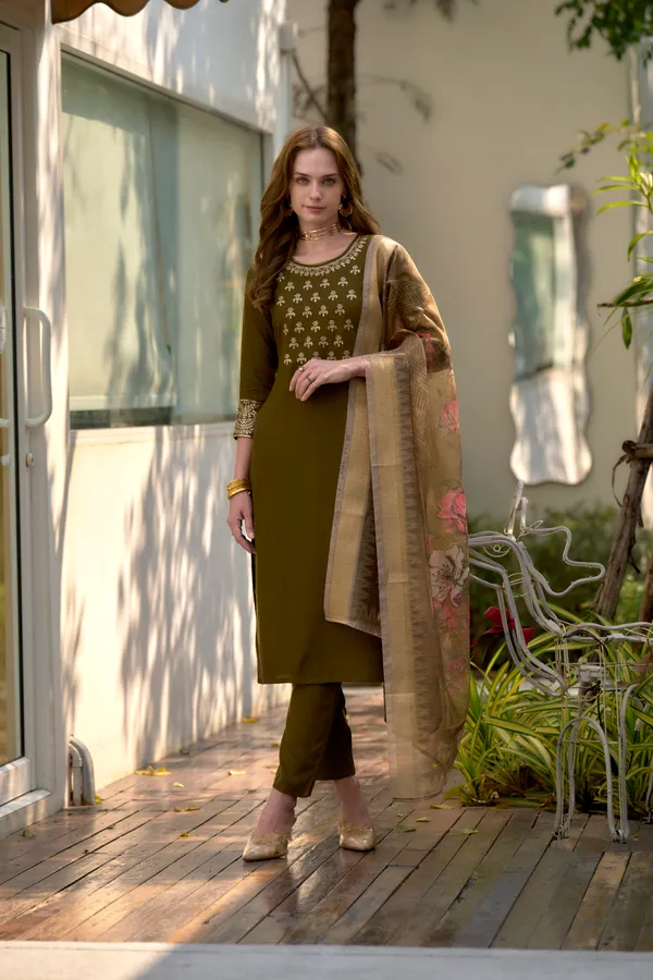 Brown_Viscose_Kurta,_Pant_&_Dupatta_Set_For_Women_&_Girls