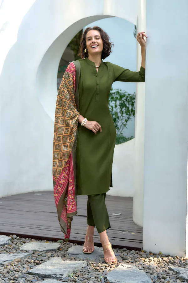 Olive_Green_Viscose_Kurta,_Pant_&_Dupatta_Set_For_Women_&_Girls