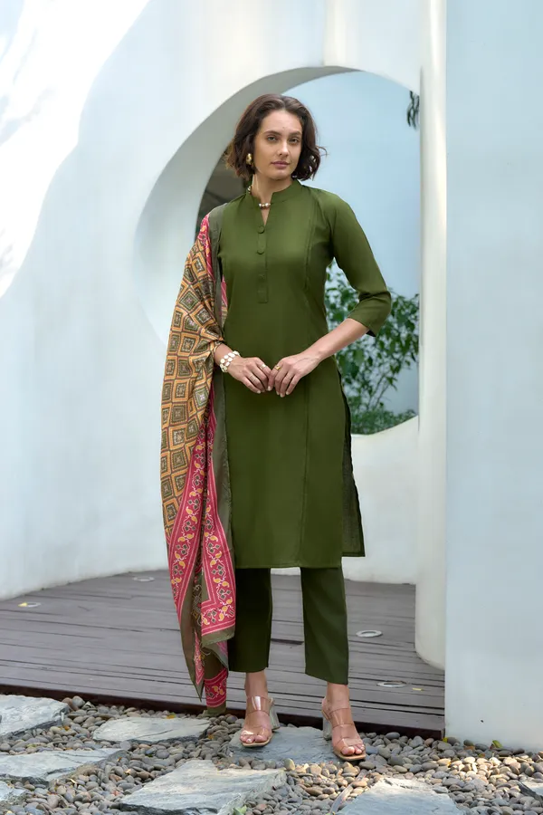 Olive_Green_Viscose_Kurta,_Pant_&_Dupatta_Set_For_Women_&_Girls