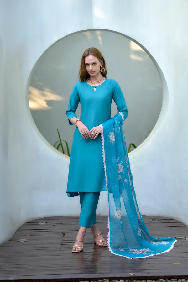 Teal_Viscose_Kurta,_Pant_&_Dupatta_Set_For_Women_&_Girls