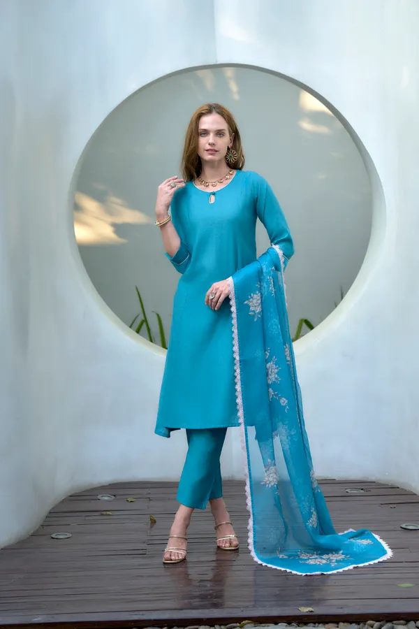 Teal_Viscose_Kurta,_Pant_&_Dupatta_Set_For_Women_&_Girls