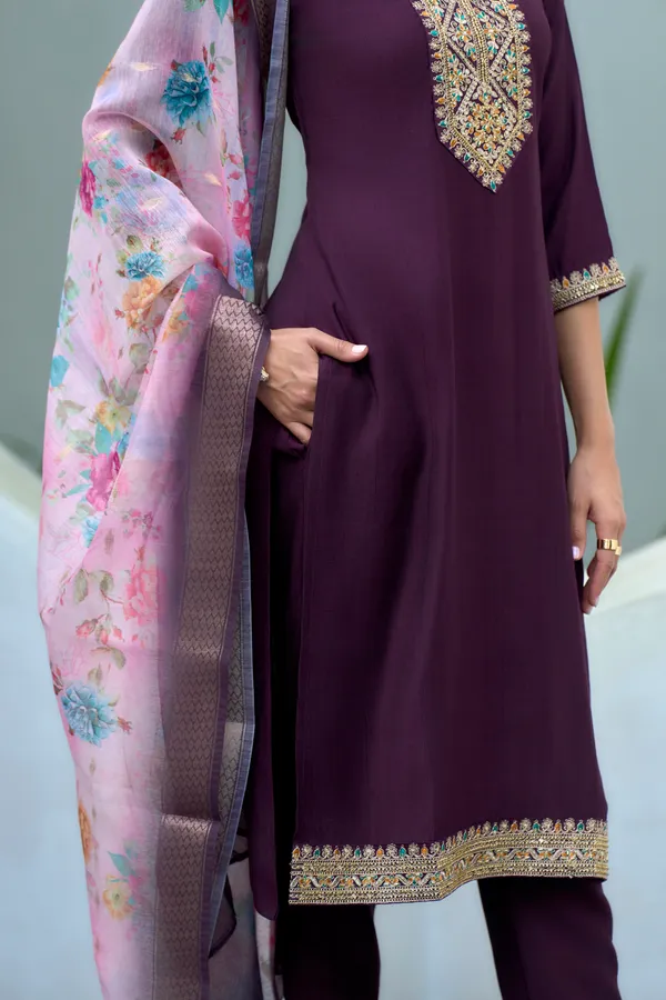 Wine_Viscose_Kurta,_Pant_&_Dupatta_Set_For_Women_&_Girls