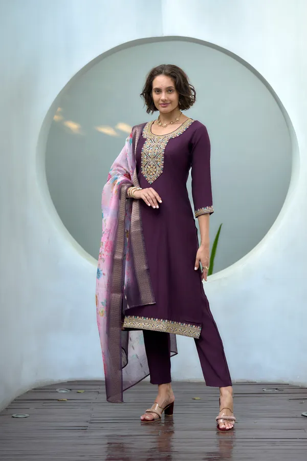 Wine_Viscose_Kurta,_Pant_&_Dupatta_Set_For_Women_&_Girls