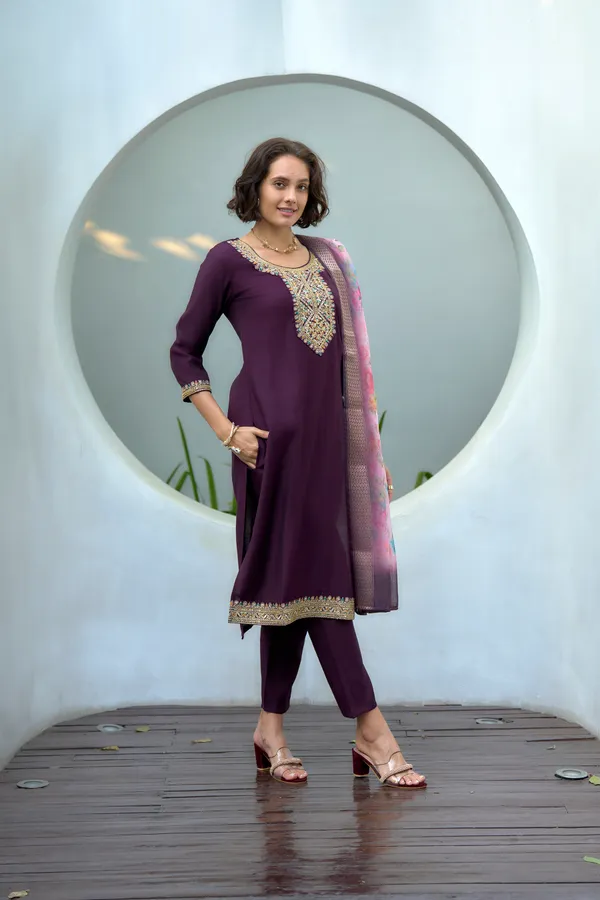 Wine_Viscose_Kurta,_Pant_&_Dupatta_Set_For_Women_&_Girls