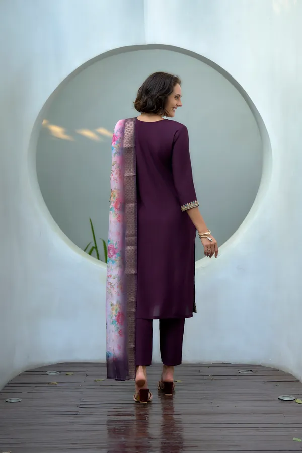 Wine_Viscose_Kurta,_Pant_&_Dupatta_Set_For_Women_&_Girls