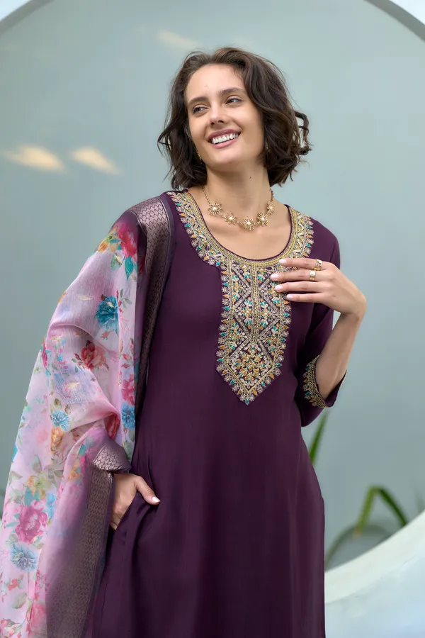 Wine_Viscose_Kurta,_Pant_&_Dupatta_Set_For_Women_&_Girls