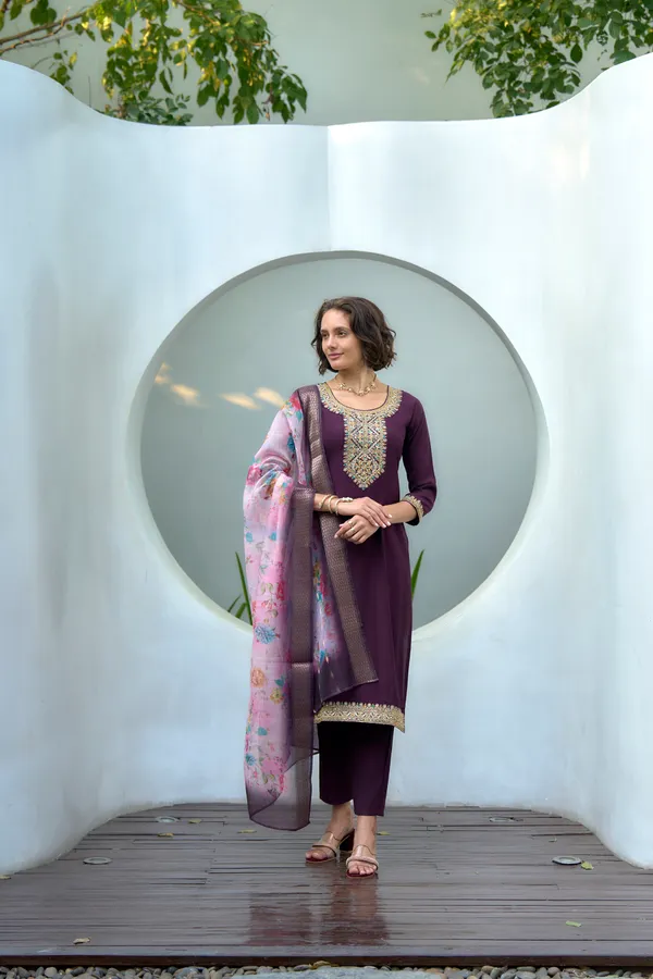 Wine_Viscose_Kurta,_Pant_&_Dupatta_Set_For_Women_&_Girls