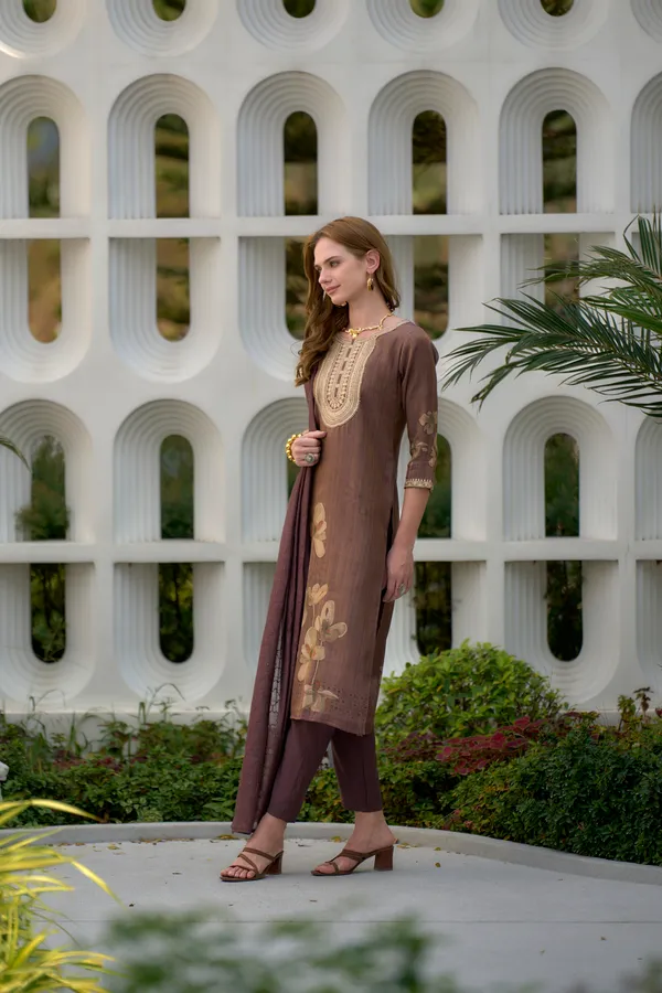 Brown_Viscose_Kurta,_Pant_&_Dupatta_Set_For_Women_&_Girls