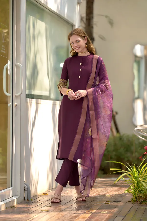 Wine_Viscose_Kurta,_Pant_&_Dupatta_Set_For_Women_&_Girls