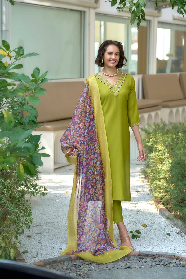 Lime_Viscose_Kurta,_Pant_&_Dupatta_Set_For_Women_&_Girls