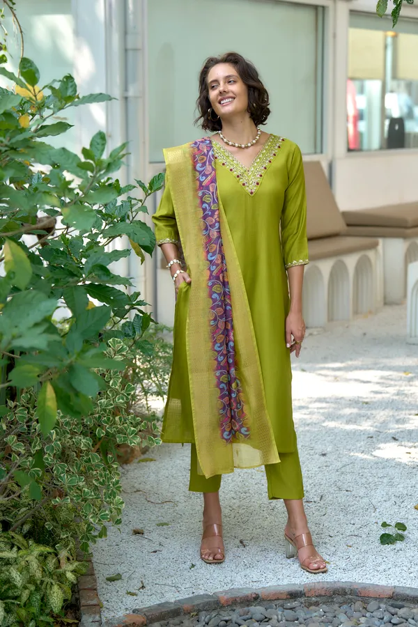 Lime_Viscose_Kurta,_Pant_&_Dupatta_Set_For_Women_&_Girls