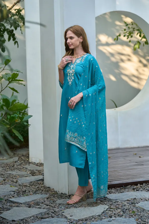 Teal_Viscose_Kurta,_Pant_&_Dupatta_Set_For_Women_&_Girls