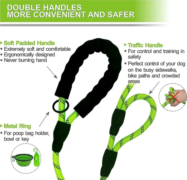 5FT_Strong_Dog_Leash_with_Comfortable_Padded_Handle_and_Highly_Reflective_Threads_Dog_Leashes_for_Small_Medium_and_Large_Dogs_(Double_Handle_-_Green)