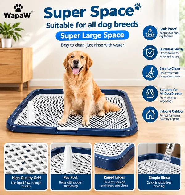 WapaW_Portable_Dog_Toilet_Tray_with_Pee_Post,_Puppy_Potty_Training_Pad_Holder,_Indoor_Pet_Toilet_with_Mesh_Grate,_No_Wet_Paws