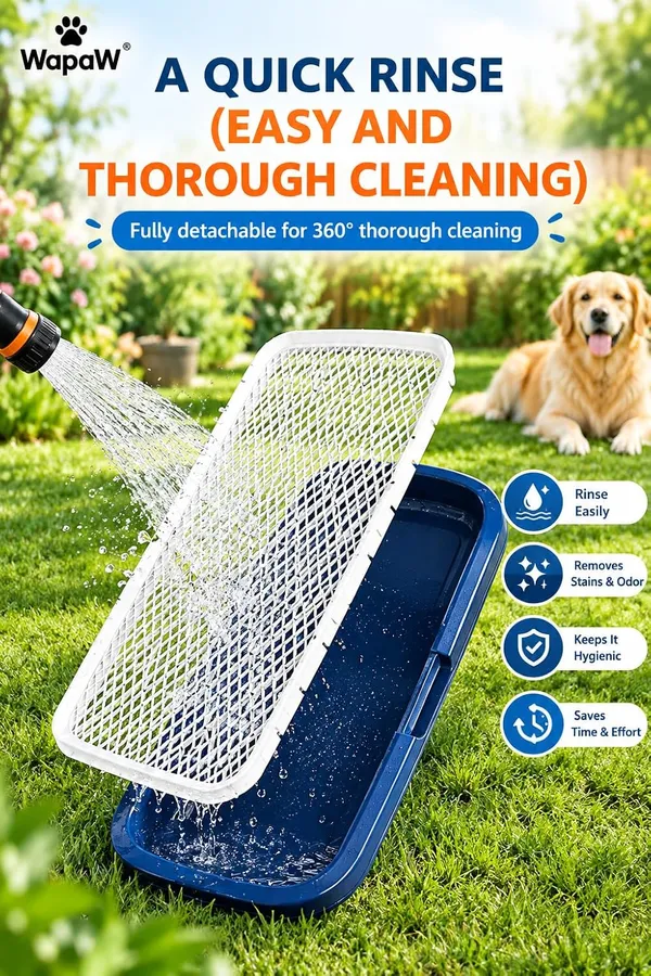 WapaW_Portable_Dog_Toilet_Tray_with_Pee_Post,_Puppy_Potty_Training_Pad_Holder,_Indoor_Pet_Toilet_with_Mesh_Grate,_No_Wet_Paws