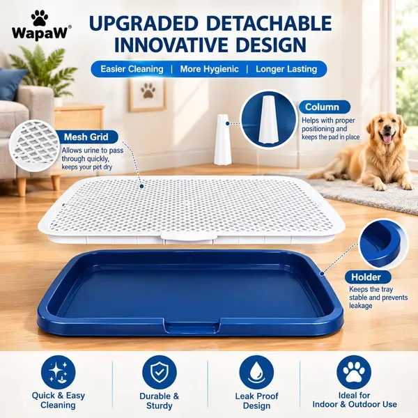 WapaW_Portable_Dog_Toilet_Tray_with_Pee_Post,_Puppy_Potty_Training_Pad_Holder,_Indoor_Pet_Toilet_with_Removable_Mesh_Grate,_No_Wet_Paws,_for_Dogs_&_Puppies
