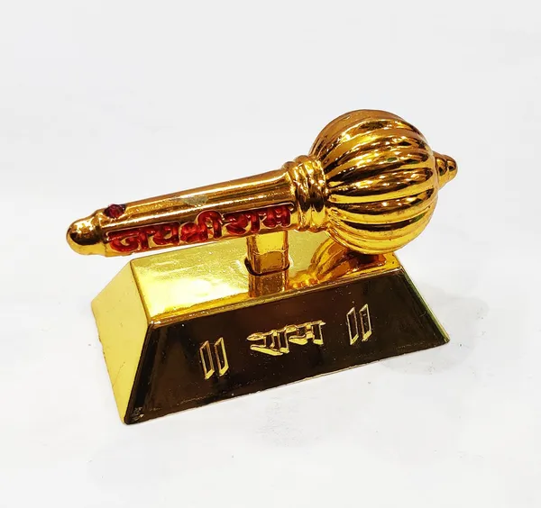 Golden_Metal_Made_Bajrang_Bali_Small_Gada_With_Big_Square_Stand_For_Keeping_In_Home_Temple_Or_Gifting_To_Hanuman_Ji_Size-_3_Inch_Wt-110_Gram_Approx