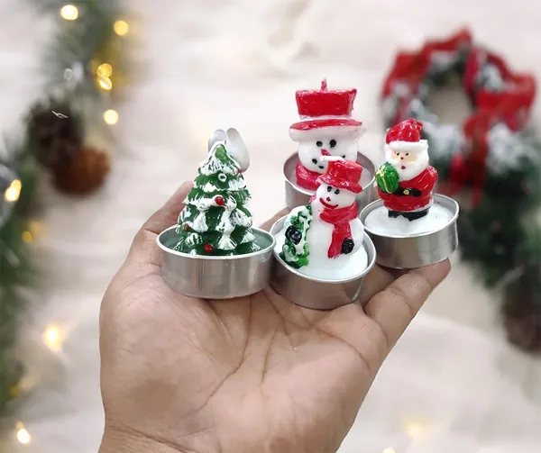 Multicolor_4_Piece_Miniature_Christmas_Tea_Light_Candle_Set_Handmade_Figures_1_Santa_Claus,_2_Snowman,_1_Christmas_Tree_Candles,_Christmas_Home_Decorations