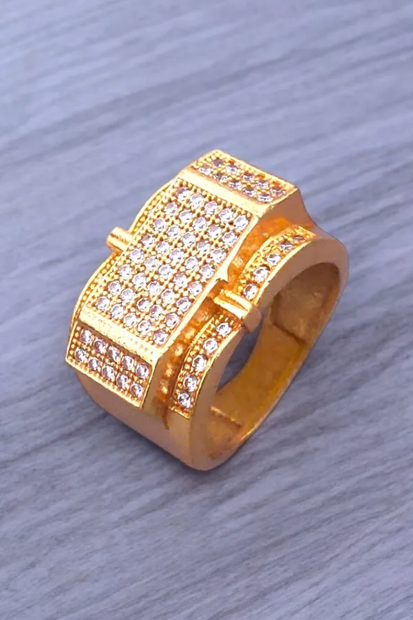 Gold_Plated_Brass_Ring_Round_|_With_Cubic_Zirconia_American_Diamond_Accents_|_For_Men