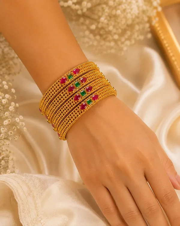 Elegant_Gold-Tone_Ruby_&_Green_Stone_Bangles_�_Set_of_4
