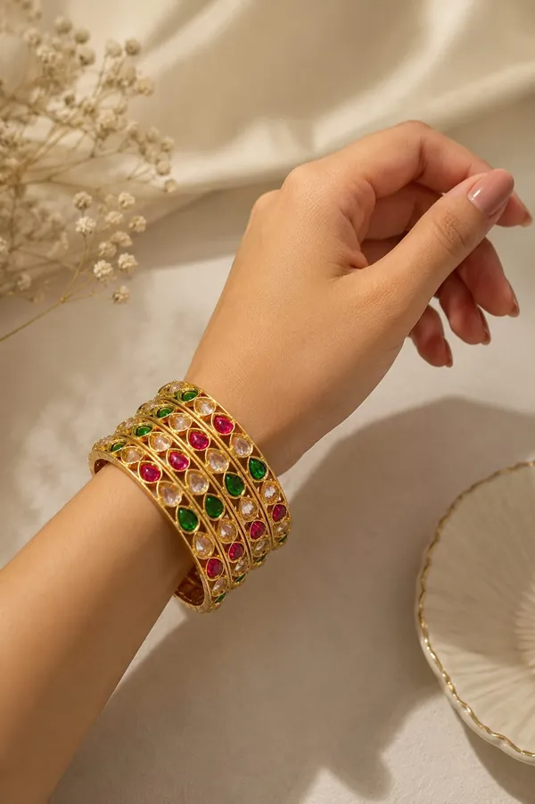 Elegant_Gold-Tone_Ruby_&_Green_Stone_Bangles_�_Set_of_4