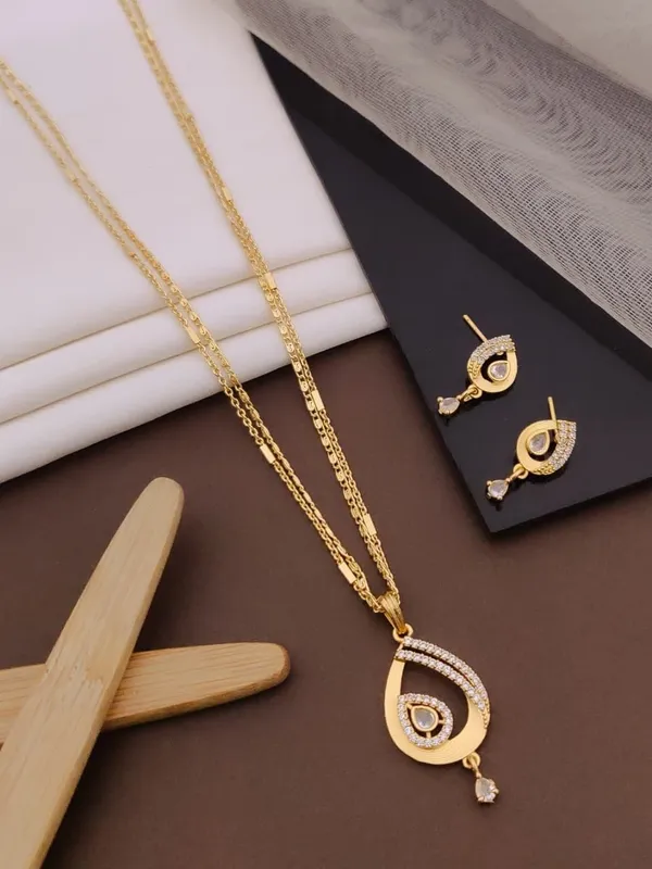 Gold-Plated_Cubic_Zirconia_Pendant_with_Double-Strand_Chain_and_Matching_Earrings_Set_(Pendant_Buti_Set)