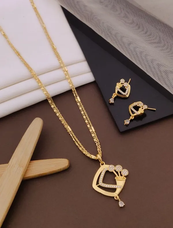 Gold-Plated_Cubic_Zirconia_Pendant_with_Double-Strand_Chain_and_Matching_Earrings_Set_(Pendant_Buti_Set)