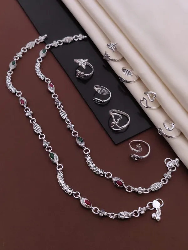 Silver-Plated_2_Anklet_&_8_Ring_Combo_Set_for_Women_&_Girls