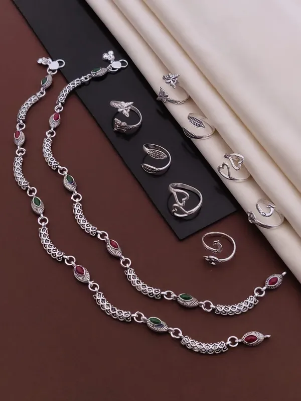 Silver-Plated_2_Anklet_&_8_Ring_Combo_Set_for_Women_&_Girls