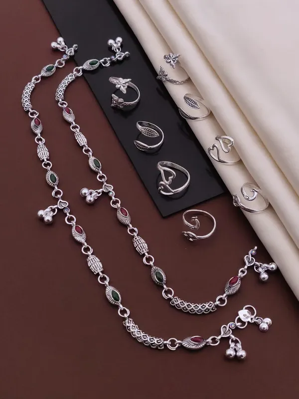 Silver-Plated_2_Anklet_&_8_Ring_Combo_Set_for_Women_&_Girls