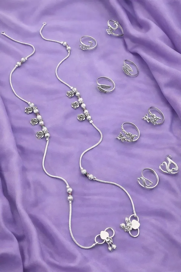 Stylish_Silver-Plated_2_Anklet_&_6_Ring_Combo_Set_for_Women_&_Girls