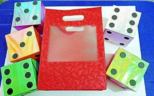 Jumbo_Bag_to_Dices_Magic_Trick_(Multicolor)_/_Paper_Bag_to_5_Color_Dice_Illusion