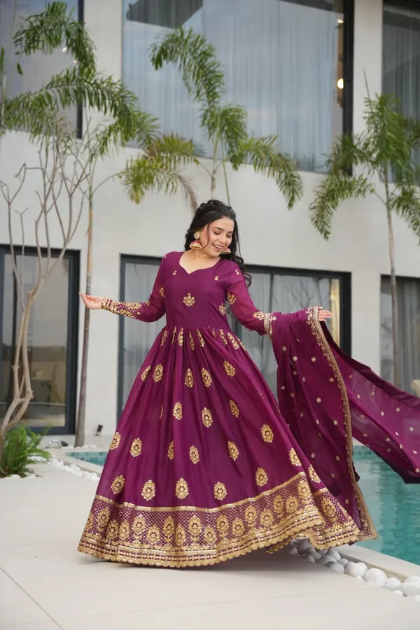 Premium_Designer_Readymade_Georgette_Gown_Purple_Color