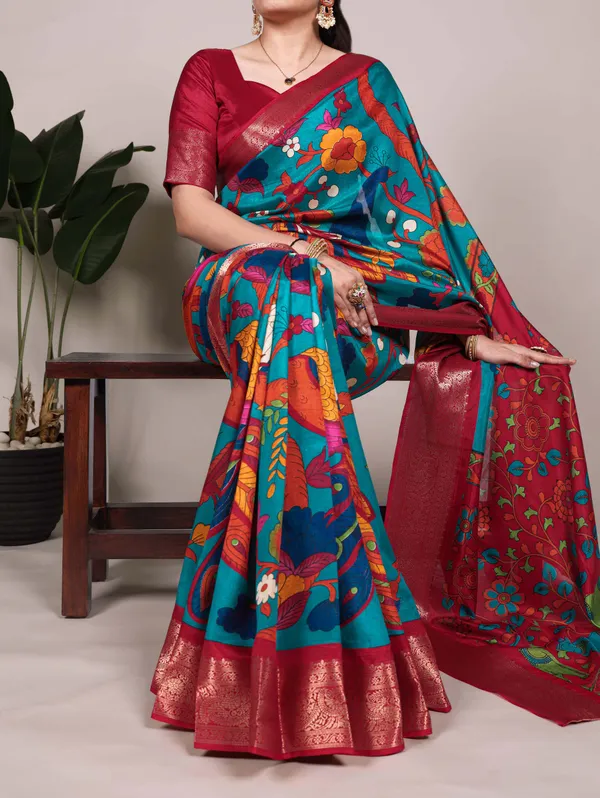 Tussar_Silk_with_Viscose_Border_Red_Blue_Premium_Saree