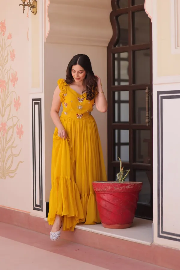 Yellow_Premium_Readymade_Gown_Minimalist_Gown_Simple_aesthetic_with_embroidery