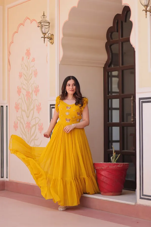 Yellow_Premium_Readymade_Gown_Minimalist_Gown_Simple_aesthetic_with_embroidery