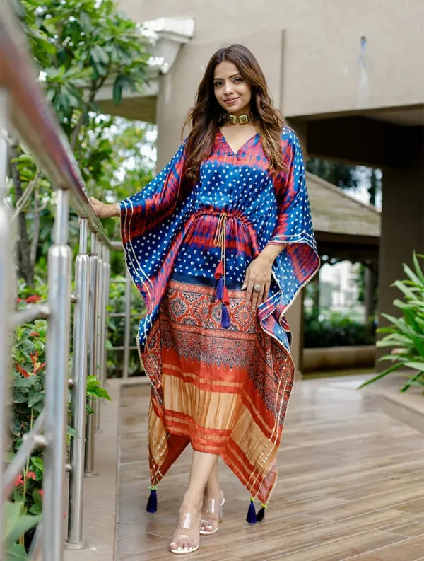 Blue_Satin_Dot_Ajrak_Pallu_Digtial_Printed_Kaftan_For_Women