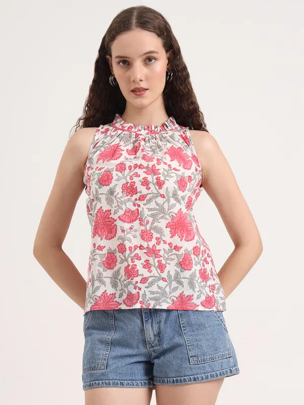 Off_White_Base_With_Pink_Floral_Sanganeri_Hand_Block_Printed_Short_Top
