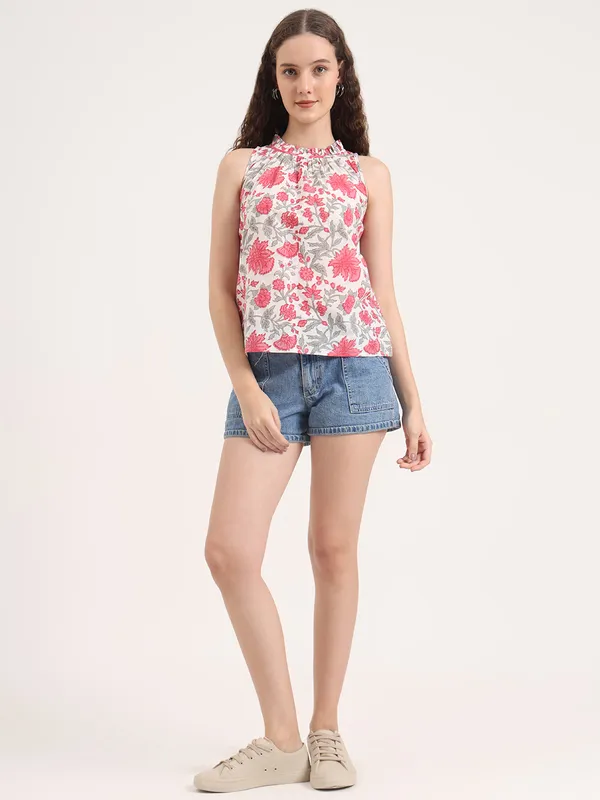 Off_White_Base_With_Pink_Floral_Sanganeri_Hand_Block_Printed_Short_Top