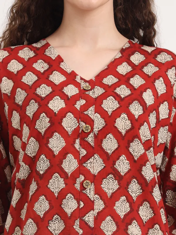 Maroon_Floral_Bagru_Hand_Block_Printed_Midi_Dress