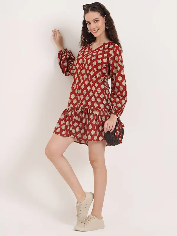 Maroon_Floral_Bagru_Hand_Block_Printed_Midi_Dress