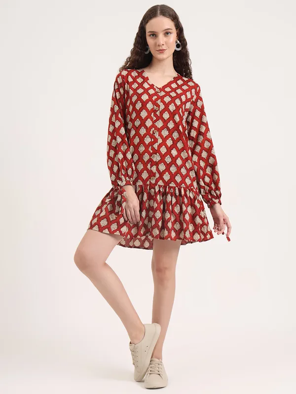 Maroon_Floral_Bagru_Hand_Block_Printed_Midi_Dress