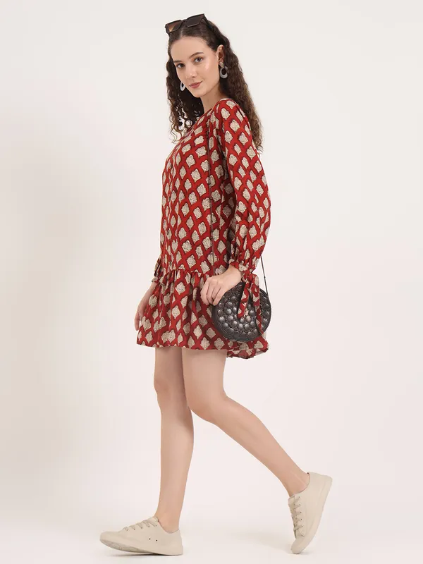 Maroon_Floral_Bagru_Hand_Block_Printed_Midi_Dress