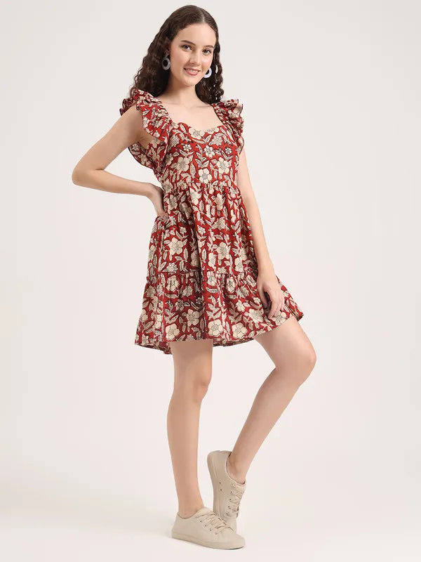 Maroon_Floral_Bagru_Hand_Block_Printed_Midi_Dress