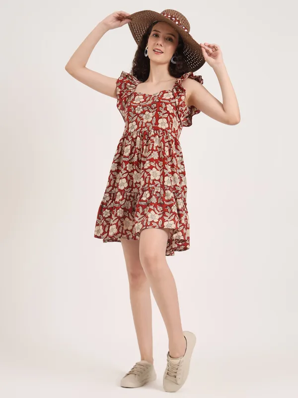 Maroon_Floral_Bagru_Hand_Block_Printed_Midi_Dress