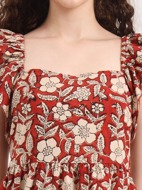 Maroon_Floral_Bagru_Hand_Block_Printed_Midi_Dress