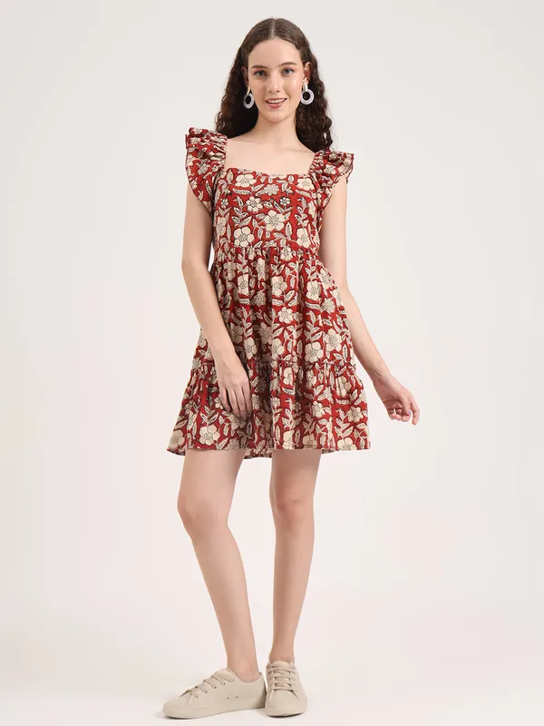 Maroon_Floral_Bagru_Hand_Block_Printed_Midi_Dress